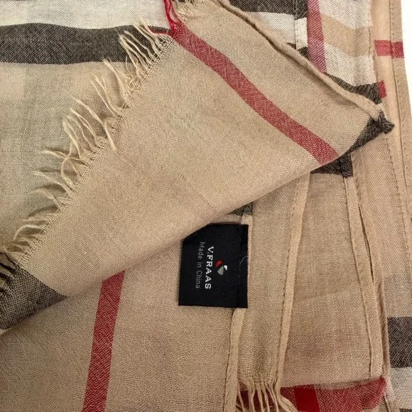 Beige Red Black Plaid Oversized 32"x 80"Scarf/Shawl Fringe Wrap Preppy V. FRASS - Picture 6 of 8
